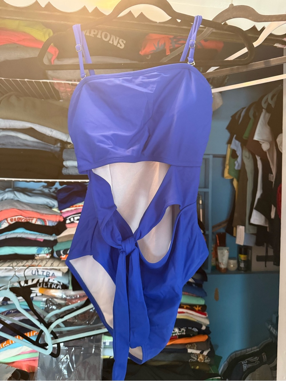 Blue women’s One-Piece Swim Suit with Tie-Front